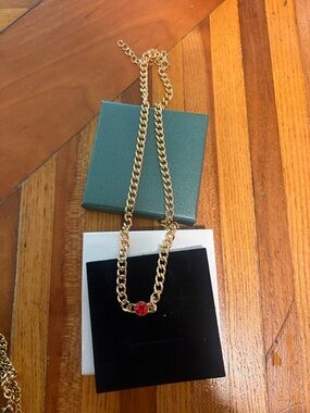 Gold Chain Necklace with Red Gem Pendant - Women Jewelry
